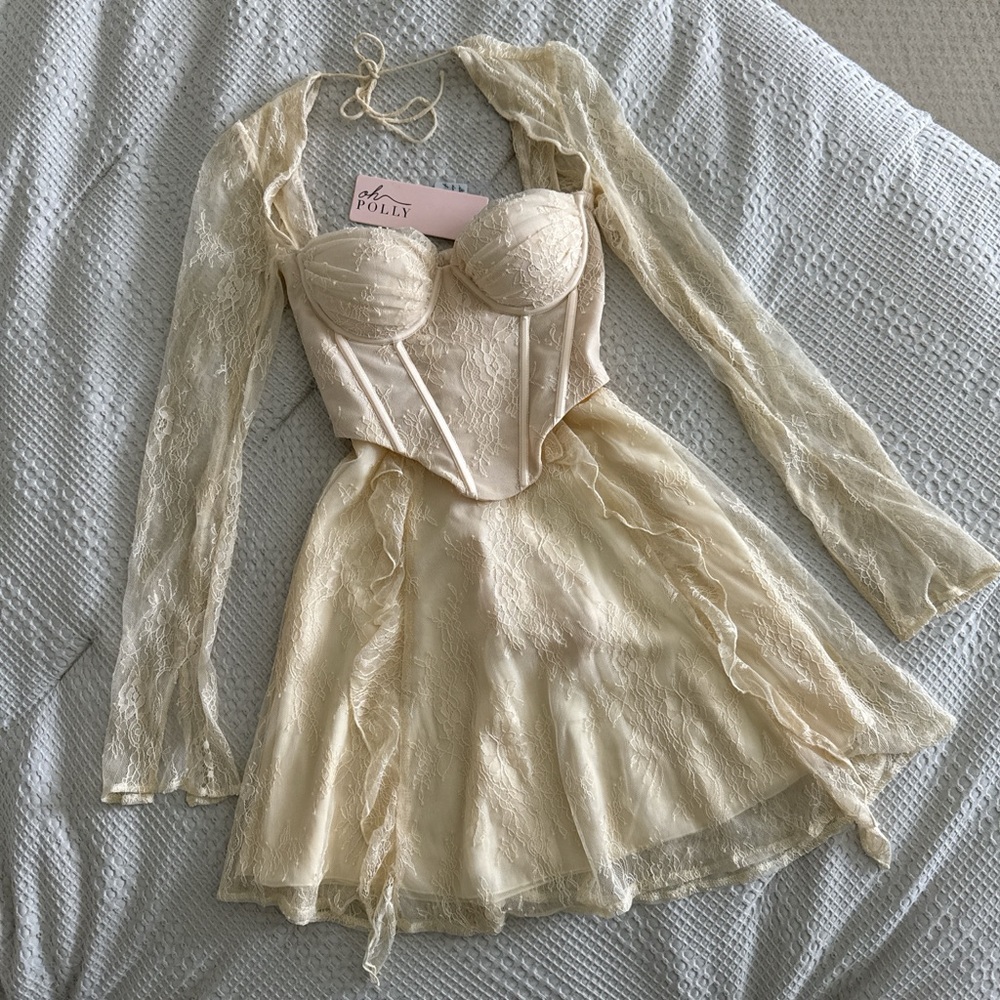 Oh Polly Beige Lace Mini Dress